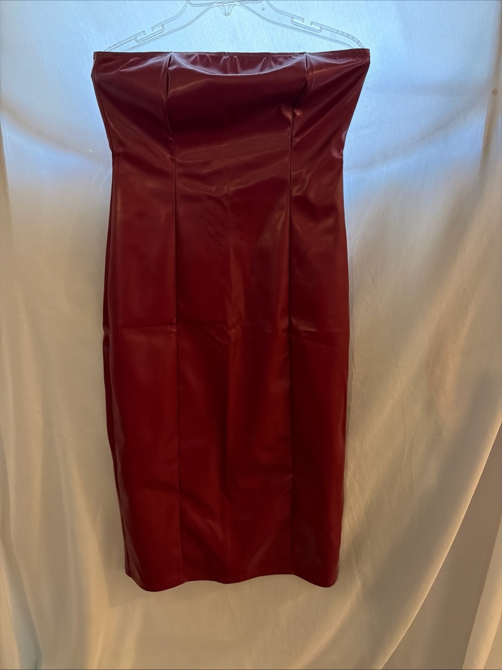 Strapless Burgundy Faux-Leather Midi Dress